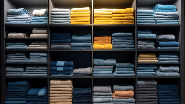 A shelf of folded jeans and a blue and yellow shirt.