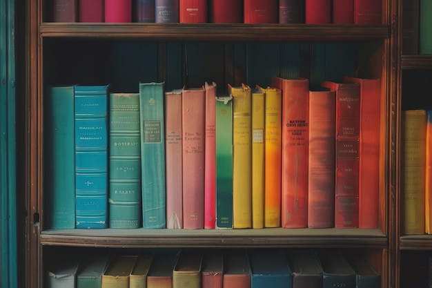 A shelf full of books with a rainbow of colors