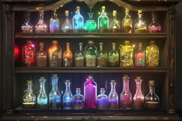 A shelf full of colorful bottles with a rainbow of colors