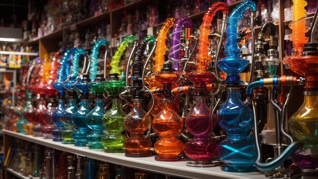 shelf full of colorful glass hookahs with different colored bases and clear glass bowls