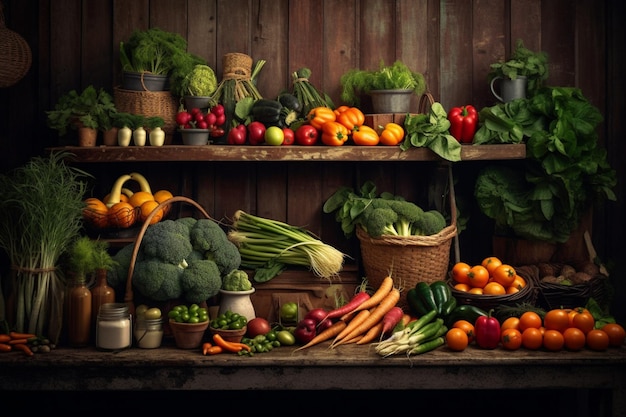 A shelf full of vegetables including a basket of vegetables.