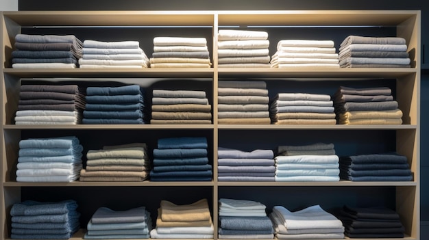 A shelf of linens with a blue blanket on it.