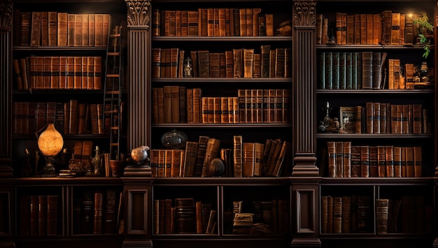 A shelf of old books with spooky darks is illuminated by candlelight