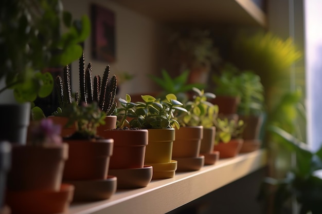 A shelf of potted plants with one that says'aloe vera'on it