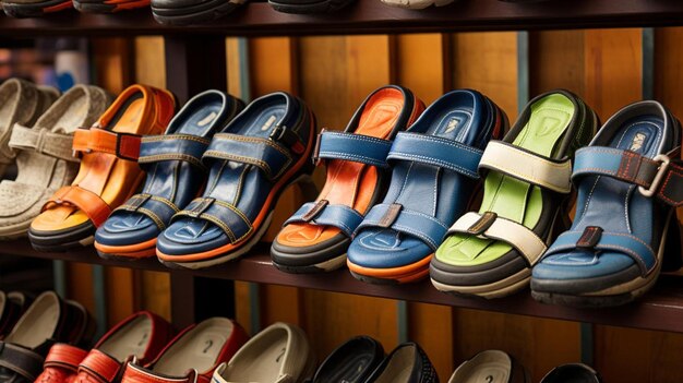 A shelf of shoes that are on display