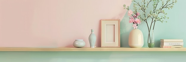 Photo the shelf unit displays an elegant collection of books vases and photo frames harmonizing beautifully with the soft pastelcolored wall generative ai