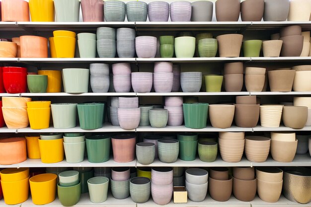 A shelf of vases with different colors and one that says " new ".