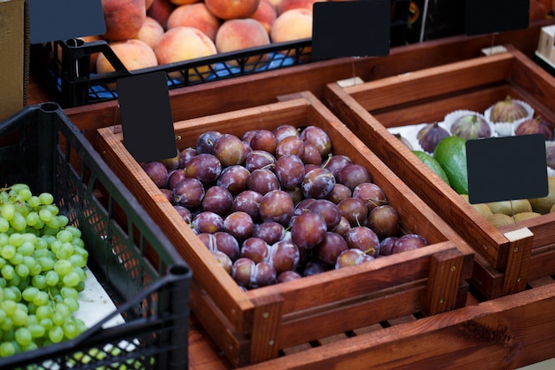 Shelf in the vegetable store with different kinds of fruit