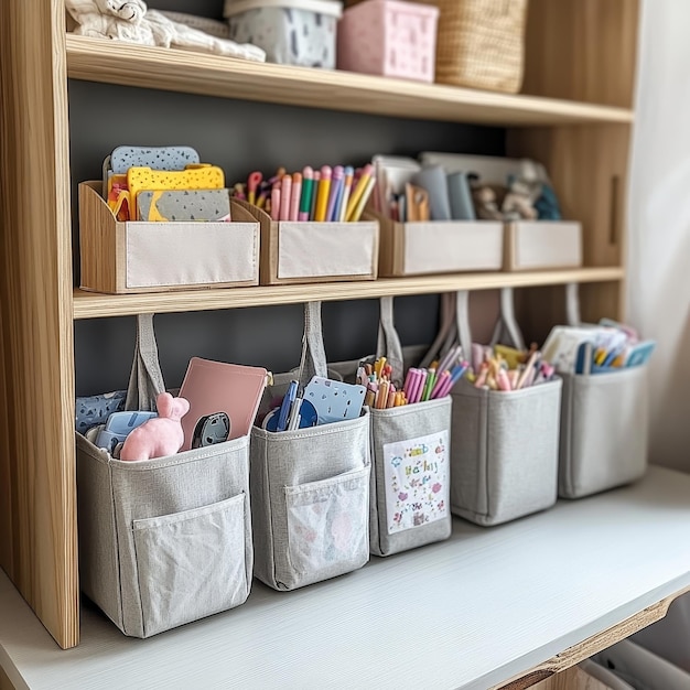 Photo a shelf with baskets of items including one that sayss a childs school