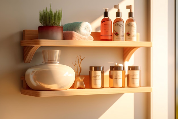 A shelf with a bath accessories