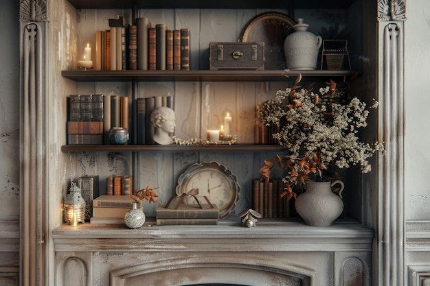 Photo shelf with books and ornaments in room