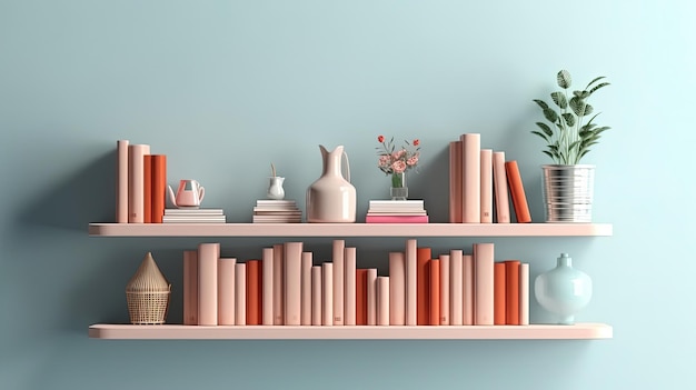 Shelf with books on pastel color wall background Generative AI