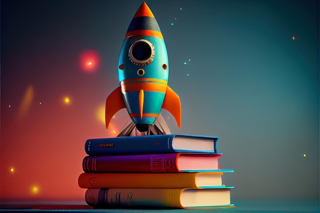 Shelf with books with rocket