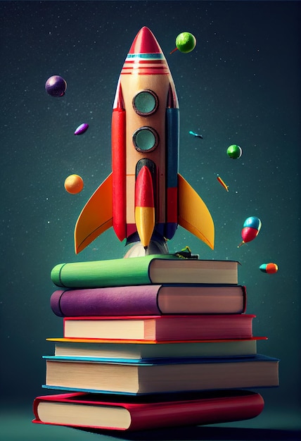 Shelf with books with rocket