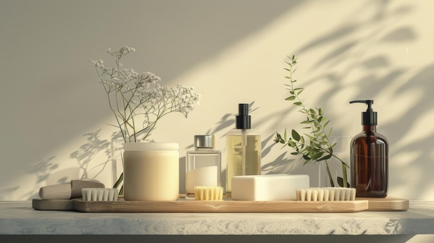 a shelf with bottles of perfume and flowers on it