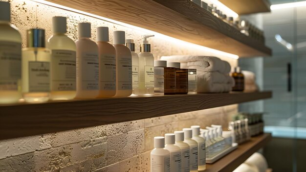 Photo a shelf with bottles of shampoo and lotion on it