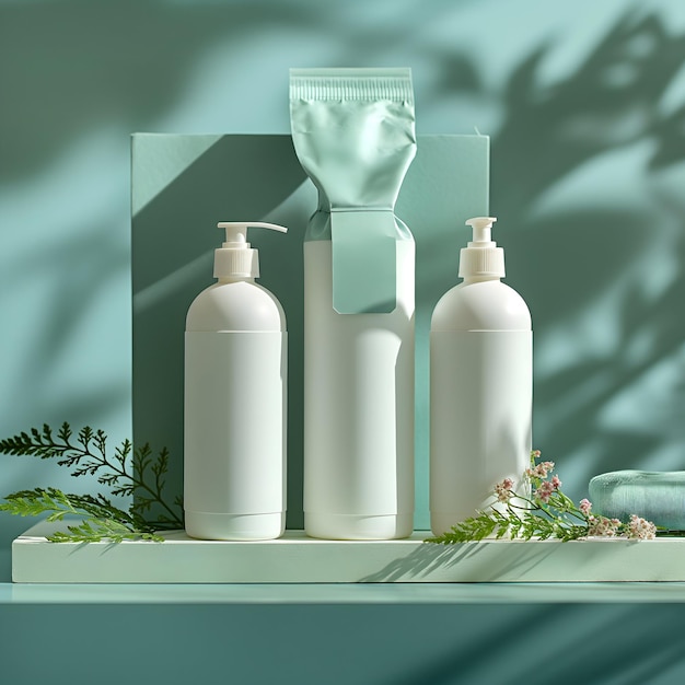 a shelf with bottles of soap and a bottle of shampoo