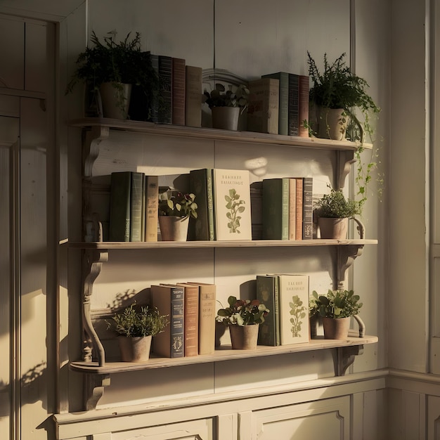 a shelf with a bunch of books on it and a book shelf with a plant on it