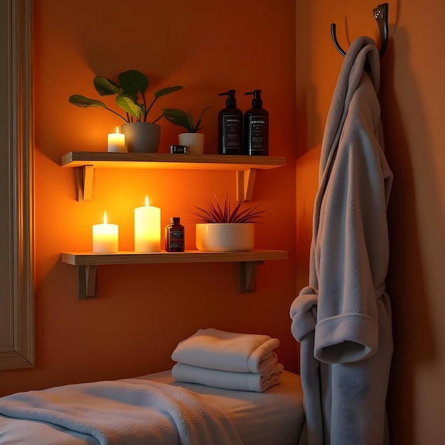 a shelf with candles and towels on it and a towel on it