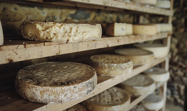 a shelf with cheeses and cheeses on it