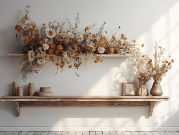 A shelf with flowers and candles on it