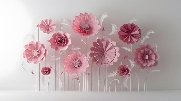 A shelf with flowers and a white background with a white background