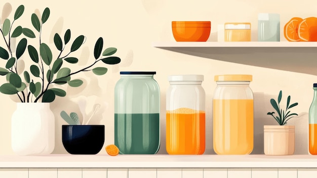 A shelf with jars of juice and plants on it AI