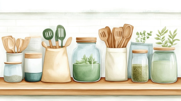 Photo a shelf with jars and utensils on it filled with plants ai