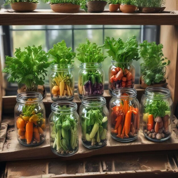 a shelf with jars of vegetables including carrots lettuce carrots lettuce and lettuce