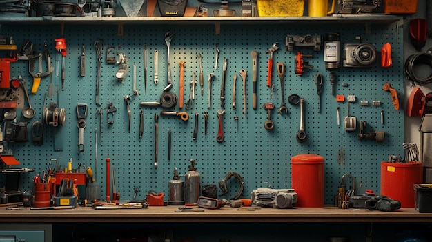 a shelf with a lot of tools including a wrench and a red bucket