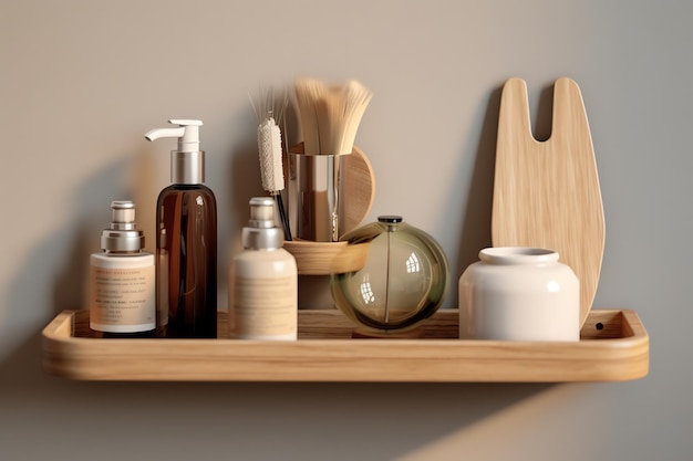 A shelf with a lotion bottle and a brush on it