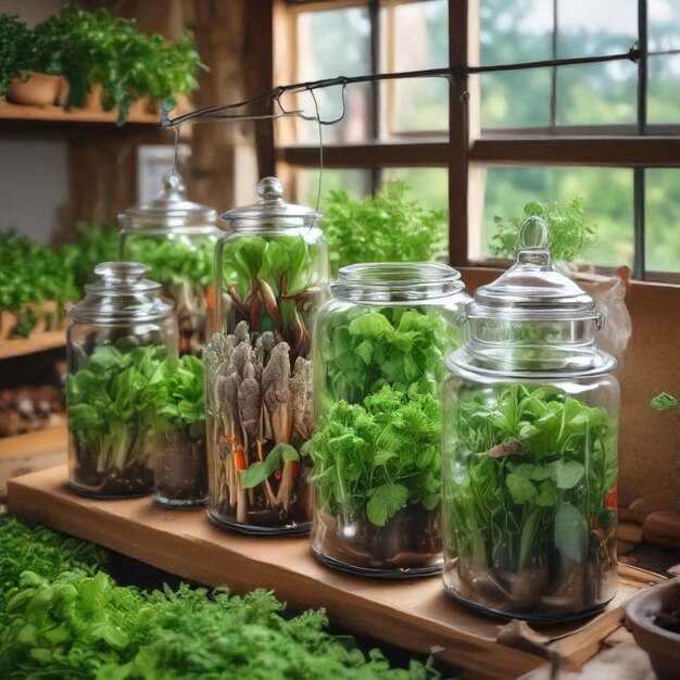 Photo a shelf with many jars of lettuce and other herbs