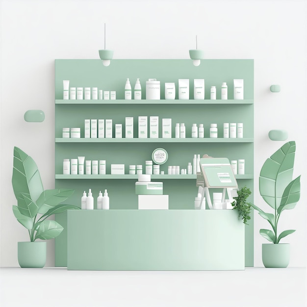 Photo a shelf with many products on it and a plant in the middle