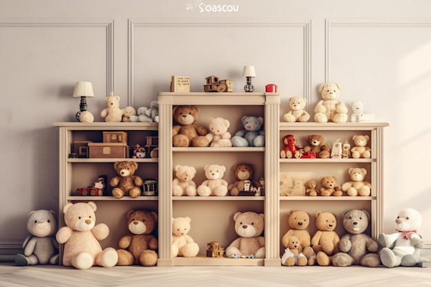 A shelf with many stuffed animals and a sign that says'soso '