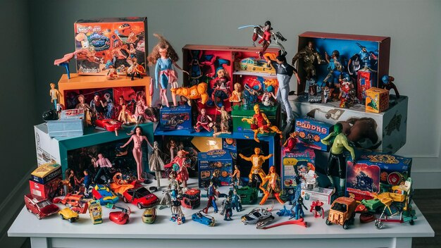 a shelf with many toys including a toy store and a box of action figures