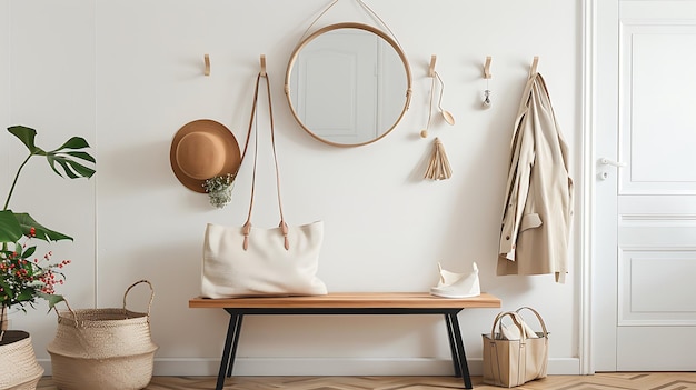 Photo a shelf with a mirror and a basket of items hanging on the wall