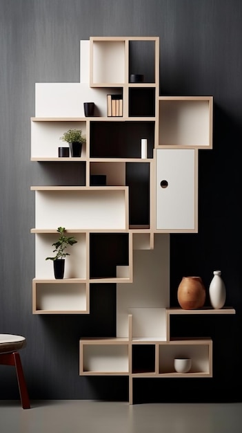 A shelf with a plant on it and a vase on the wall.