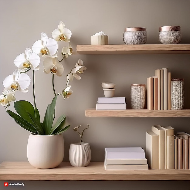 a shelf with a plant and a vase with flowers on it