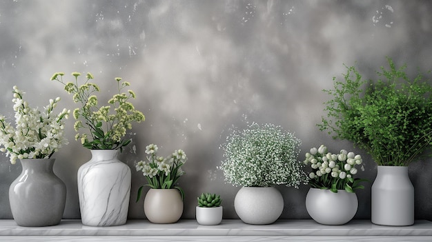 a shelf with potted plants and vases with flowers on it