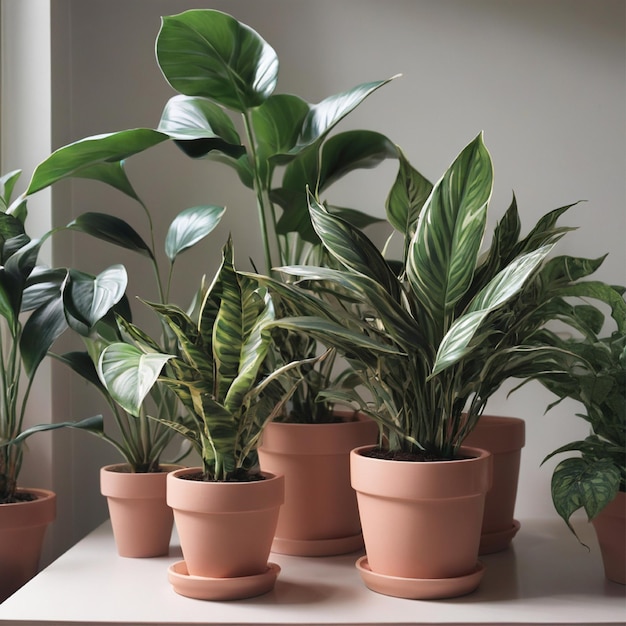 a shelf with potted plants and a white wall behind them