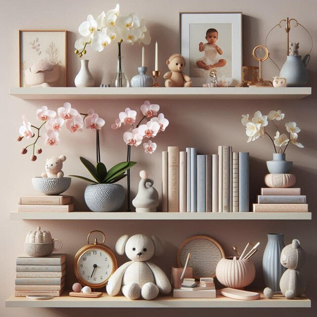 Photo a shelf with a shelf with a picture of a baby and a picture of a doll