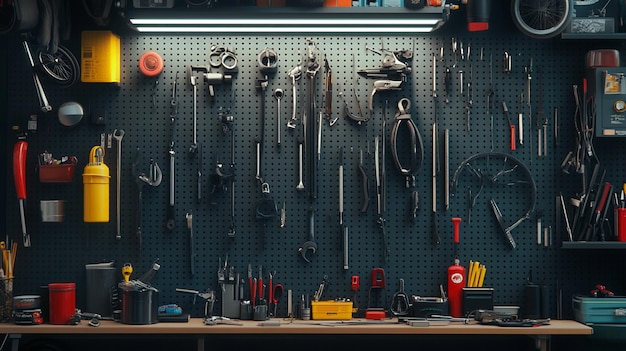 a shelf with tools and tools hanging on it