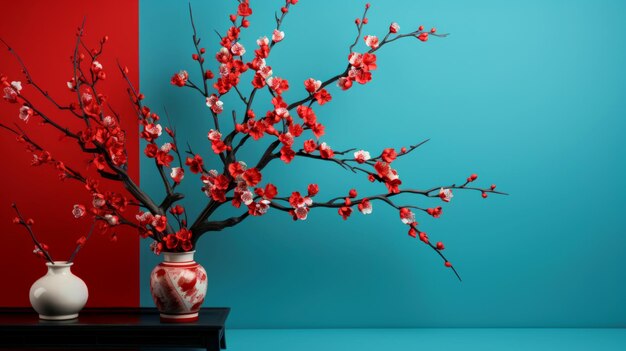 shelf with two vases with flowers on a bluered background isolated symbols of spring and renewal