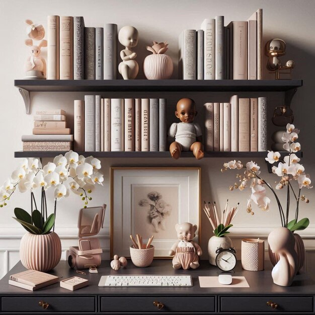 Photo a shelf with a vase of flowers and a book on it