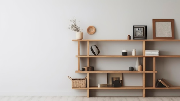 A shelf with a vase and a picture frame on it.