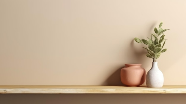 A shelf with a vase and a plant on it