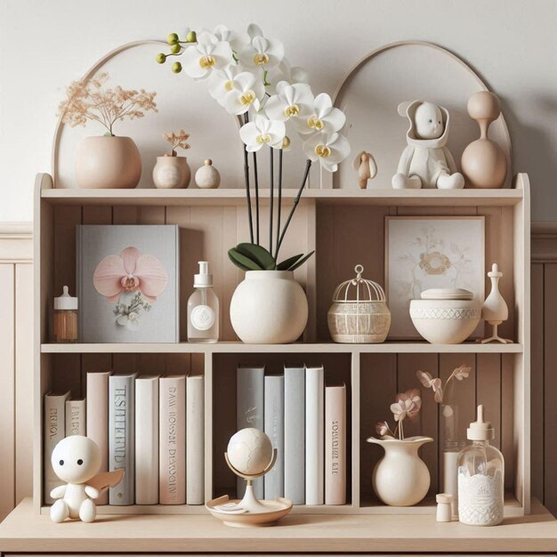 Photo a shelf with a vase with flowers and a picture of a vase with a flower on it