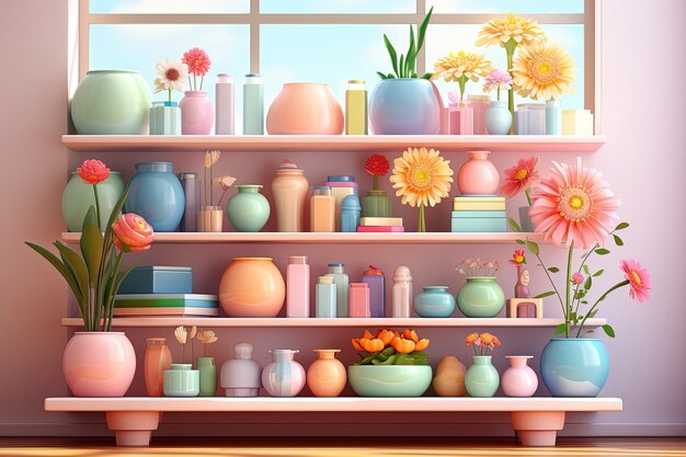 a shelf with vases and flowers on it