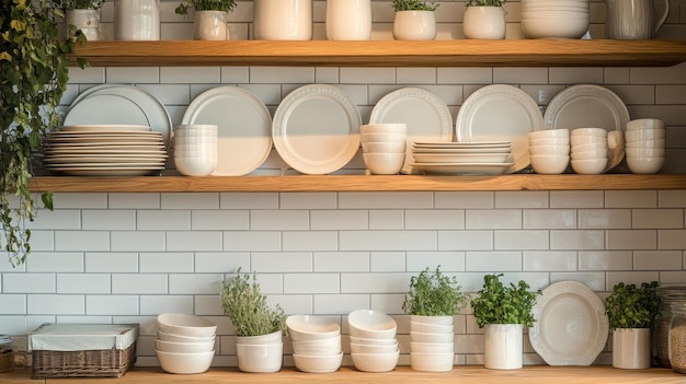 A shelf with white dishes and pots on it in a kitchen AI