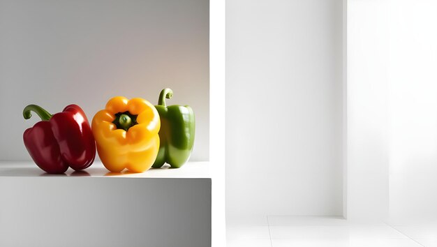 Photo a shelf with a yellow bell pepper and green peppers on it